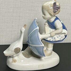 Carl Scheidig GDR German Porcelain Figurine Girl Fending Off Goose with Umbrella